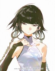 1girl artist_name bare_shoulders black_hair black_sleeves bleach braid china_dress chinese_clothes chinese_commentary closed_mouth commentary_request copyright_notice detached_sleeves dress ebi_draw expressionless highres long_hair looking_at_viewer low-braided_long_hair low-tied_long_hair shinigami short_hair simple_background sleeveless sleeveless_dress solo sui-feng twin_braids twitter_username white_background white_dress