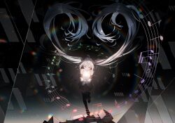Rule 34 | 1girl, black background, black skirt, black sleeves, black thighhighs, blue necktie, blush, boots, closed eyes, collared shirt, commentary request, detached sleeves, flat chest, floating hair, hair between eyes, hatsune miku, highres, leg up, long hair, masii1120, musical note, musical staff, necktie, pleated skirt, shirt, skirt, sleeveless, sleeveless shirt, smile, solo, standing, standing on one leg, thigh boots, thighhighs, twintails, very long hair, vocaloid, wing collar