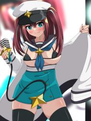 Rule 34 | 1girl, absurdres, akoya matama, aqua skirt, bikini, black bikini, black thighhighs, blue eyes, blush, breasts, brown hair, closed mouth, fang, gluteal fold, hair between eyes, hat, high-waist skirt, highres, holding, holding microphone, jacket, large breasts, loco musica, looking at viewer, mahou shoujo ni akogarete, medium hair, microphone, military hat, military jacket, nail polish, neck tattoo, otozato yomi, school uniform, serafuku, simple background, skirt, smile, swimsuit, tattoo, thighhighs, white background, white jacket