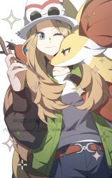 1girl absurdres belt blonde_hair blue_eyes breasts closed_mouth cosplay delphox eyelashes eyewear_on_headwear gen_6_pokemon green_jacket harmony_(pokemon) harmony_(pokemon)_(cosplay) hat highres holding holding_stick jacket long_hair looking_at_viewer medium_breasts nintendo one_eye_closed open_clothes open_jacket pants pokemon pokemon_(creature) pokemon_legends:_z-a pokemon_xy serena_(pokemon) shirt smile stellaofastra stick striped_hat sunglasses white-framed_eyewear white_hat white_shirt