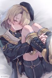 1boy absurdres bed_sheet black_boots black_hat black_shorts blonde_hair blush boots bulge closed_mouth freckles freminet_(genshin_impact) genshin_impact hair_over_one_eye half-closed_eyes hat highres hugging_own_legs interlocked_fingers jacket long_sleeves looking_at_viewer lying male_focus on_back oshioganen own_hands_together purple_eyes shorts solo trap twitter_username