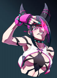Rule 34 | 1girl, absurdres, black background, black hair, bracelet, breasts, chinese clothes, collar, commentary request, drill hair, dudou, fingerless gloves, fingernails, flaming eye, gloves, glowing, glowing eye, hair horns, han juri, highres, jewelry, jin (mugenjin), looking at viewer, middle finger, multicolored hair, nail polish, pink gloves, pink hair, pink nails, purple eyes, sharp fingernails, sharp teeth, solo, spiked bracelet, spiked collar, spikes, streaked hair, street fighter, street fighter 6, teeth, twin drills, upper body