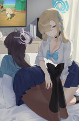 2girls absurdres ahoge angdo_(kakajo26) ass asuna_(blue_archive) asuna_(school_uniform)_(blue_archive) asymmetrical_legwear bedroom black_choker black_hair black_socks blonde_hair blue_archive blue_bow blue_bowtie blue_cardigan blue_eyes blue_halo blue_ribbon blue_skirt book bow bowtie breasts button_gap cardigan choker cleavage collarbone collared_shirt commentary_request curtains dress_shirt grey_halo hair_over_one_eye hair_ribbon halo hand_on_another&#039;s_ass highres karin_(blue_archive) karin_(school_uniform)_(blue_archive) kneehighs kneeling large_breasts legs_up long_bangs long_hair long_sleeves looking_at_viewer lying miniskirt multiple_girls no_shoes on_bed on_pillow on_stomach one_eye_covered peroro_(blue_archive) pleated_skirt ribbon school_uniform shirt skirt socks television watching_television white_shirt