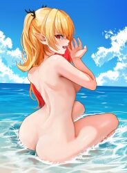 1girl beach blonde_hair breasts chromashift elf female_focus hag long_hair mana_(manasenshou) multicolored_hair necromancer nude ocean pointy_ears red_eyes red_hair ruby_runeheart small_breasts solo solo_focus two-tone_hair virtual_youtuber vtuber_fanart witch
