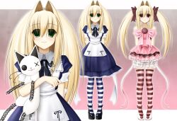 2000s_(style) annika_(ponymoe) blonde_hair bloomers dress green_eyes hair_intakes highres long_hair mismatched_pupils original ponymoe shoes striped_clothes striped_thighhighs stuffed_animal stuffed_toy thighhighs twintails underwear