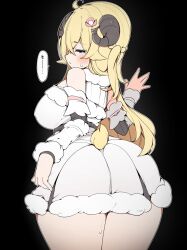 1girl absurdres ahoge ass black_background blonde_hair blush breasts hair_ornament hand_on_wall heart heart-shaped_pupils heart_in_eye highres hololive horns kuma_no_bansoukou large_breasts looking_at_viewer sheep_girl sheep_horns sheep_tail simple_background symbol-shaped_pupils symbol_in_eye tail thick_thighs thighs translation_request tsunomaki_watame virtual_youtuber