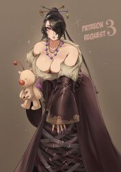 1girl absurdres bare_shoulders belt belt_skirt braid breasts brown_eyes character_doll collarbone deliciousbrain doll dress eyeshadow final_fantasy final_fantasy_x fur-trimmed_dress fur_trim hair_ornament hair_over_one_eye hair_stick highres jewelry large_breasts leaning_forward lipstick lulu_(ff10) makeup mole mole_under_mouth moogle multiple_braids multiple_necklaces necklace purple_lips purple_nails solo strapless strapless_dress stuffed_toy