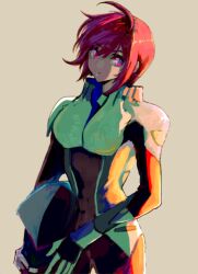 1girl ahoge backlighting brown_background gundam gundam_seed gundam_seed_destiny helmet holding holding_unworn_helmet lunamaria_hawke pilot pilot_suit pink_hair red_eyes she_(morianosu) short_hair solo unworn_helmet wind wind_lift