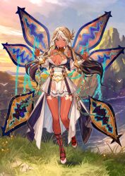1girl andromeda_(fate) andromeda_(first_ascension)_(fate) bare_shoulders braid breasts breasts_apart brown_hair chain cross-laced_clothes dark-skinned_female dark_skin detached_sleeves fate/grand_order fate_(series) floating_hair full_body game_cg green_eyes grin halterneck hands_up high-low_skirt lack leg_up leotard long_hair long_sleeves looking_at_viewer low_twintails medium_breasts multicolored_hair official_art parted_bangs sandals see-through_clothes see-through_skirt sidelocks skirt smile solo standing standing_on_one_leg teeth third-party_source twintails variant_set vitiligo white_hair white_leotard white_skirt white_sleeves