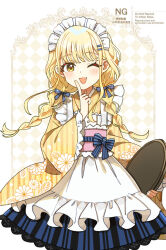 1girl ;d apron argyle_background blonde_hair blue_bow bow braid brown_eyes commentary_request fang floral_print frilled_apron frills fujita_kotone gakuen_idolmaster hair_bow hair_over_shoulder holding holding_tray idolmaster japanese_clothes kimono long_hair looking_at_viewer low_twintails maid maid_apron maid_headdress mao_xiaozha_(rumiechen) obi one_eye_closed open_mouth print_kimono sash skirt smile solo striped_bow striped_clothes striped_kimono striped_skirt tray twin_braids twintails unmoving_pattern vertical-striped_clothes vertical-striped_kimono vertical-striped_skirt very_long_hair wa_maid watermark white_apron yellow_kimono