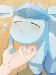 Rule 34 | 1other, animal focus, blue fur, blush, closed eyes, closed mouth, floor, gen 4 pokemon, glaceon, highres, hp7car7nxrq5s7q, indoors, nintendo, pokemon, pokemon (creature), pokemon focus, scratching chin, smile, wooden floor