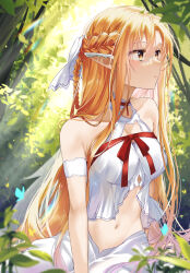 1girl absurdres arm_strap asuna_(sao) bare_shoulders blue_butterfly blurry blurry_foreground braid breasts bug butterfly cleavage cleavage_cutout closed_mouth clothing_cutout commentary crop_top dress expressionless half_up_braid highres insect istriri light_rays long_hair looking_ahead medium_breasts midriff nature navel neck_ribbon orange_eyes orange_hair pointy_ears red_ribbon ribbon shirt skirt solo stomach sword_art_online titania_(sao) upper_body white_dress white_shirt white_skirt