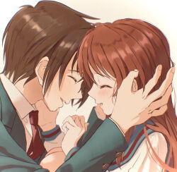 Rule 34 | 1boy, 1girl, 621 joker 123, :d, asahina mikuru, blazer, blue sailor collar, brown hair, collared shirt, commentary request, couple, fingernails, from side, happy, hetero, highres, jacket, kita high school uniform, koizumi itsuki, long hair, long sleeves, necktie, open mouth, portrait, profile, red necktie, sailor collar, sailor shirt, school uniform, shirt, short hair, smile, suzumiya haruhi no yuuutsu, white shirt, winter uniform