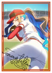 Rule 34 | 1girl, ass, baseball, baseball cap, baseball glove, baseball uniform, black hair, blue hair, breasts, character name, colored inner hair, dantonphanton, fate/grand order, fate (series), hat, highres, long hair, long sleeves, looking at viewer, medium breasts, multicolored hair, pants, pitching, ponytail, red sleeves, shirt, short sleeves, sidelocks, signature, solo, sportswear, tenochtitlan (fate), white pants, white shirt
