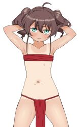1girl ahoge aqua_eyes armpits arms_behind_head brown_hair flat_chest fundoshi hair_between_eyes hololive japanese_clothes looking_at_viewer natsuiro_matsuri navel okunin red_fundoshi short_twintails simple_background solo stomach sweat tan tanline twintails virtual_youtuber white_background