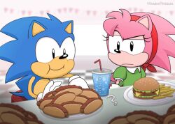 aged_down amy_rose animated animated_gif blue_fur blue_hair burger chili_dog classic_amy_rose classic_sonic cup dating diner disposable_cup eating food french_fries green_shirt hairband indoors maneki_penguin pink_fur pink_hair sega serious shirt sitting smile sonic_(series) sonic_the_hedgehog