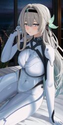 1girl bed black_bow black_hairband blush bodysuit bow breasts closed_mouth commentary_request covered_navel firefly_(ar-26710)_(honkai:_star_rail) firefly_(honkai:_star_rail) gaitoou gradient_hair green_hair green_pupils grey_hair hair_between_eyes hair_bow hair_intakes hairband hand_in_own_hair hand_up highres honkai:_star_rail honkai_(series) indoors large_breasts long_hair looking_at_viewer multicolored_hair night night_sky on_bed paid_reward_available sitting sky solo white_bodysuit window
