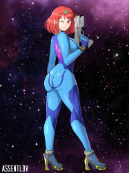 1girl ass assentlov bodysuit breasts cosplay earrings from_behind gun highres jewelry looking_at_viewer metroid metroid:_zero_mission nintendo one_eye_closed pyra_(xenoblade) red_eyes red_hair rocket_boots samus_aran samus_aran_(cosplay) shiny_skin smug space super_smash_bros. tiara weapon wink xenoblade_chronicles_(series) xenoblade_chronicles_2 zero_suit