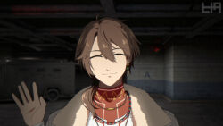 1boy ^_^ bead_necklace beads brown_hair closed_eyes closed_mouth coat crack_of_light dark_background earrings facing_viewer fur-trimmed_coat fur_trim hand_up hnt_(1177tr1999) indoors jewelry low_ponytail male_focus medium_hair name_day_(reverse:1999) necklace ponytail portrait reverse:1999 single_earring smile solo waving