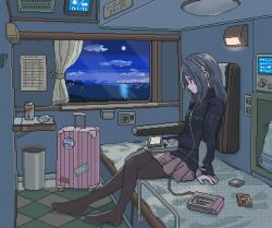 1girl animated black_pantyhose cartridge cassette_player from_side game_boy game_boy_(original) handheld_game_console headphones looping_animation moon night no_shoes on_bed ooo_(d4frdm) original pantyhose pixel_art sitting skirt solo suitcase sweater train train_interior turtleneck turtleneck_sweater video window