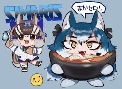 animal_ears black_eyes blue_hair boots brown_hair chipmunk_ears chipmunk_girl chipmunk_tail dire_wolf_(kemono_friends) extra_ears food gloves grey_background grey_eyes kemono_friends kemono_friends_v_project long_hair looking_at_viewer microphone multiple_girls noodles raichiyo ribbon shirt short_hair shorts siberian_chipmunk_(kemono_friends) simple_background tail thighhighs translation_request udon virtual_youtuber wolf_ears wolf_girl