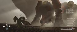 1other absurdres asteroid_ill cacnea creatures_(company) fake_screenshot flygon from_behind game_freak gen_1_pokemon gen_3_pokemon heads-up_display health_bar highres legendary_pokemon minimap neon_trim nintendo pokemon pokemon_(creature) protecting regirock rock sand sandshrew size_difference standing user_interface