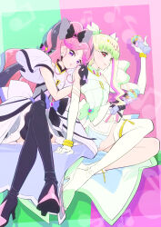 2girls absurdres bare_arms bare_shoulders black_gloves black_hair blonde_hair blunt_bangs boots braid choker crossed_legs cure_kiss cure_zukyuun dress earrings elbow_gloves finger_gun fortissimo frilled_dress frilled_ribbon frilled_skirt frilled_sleeves frills gloves grabbing_another&#039;s_shoulder gradient_hair green_hair hair_extensions hair_ornament hair_ribbon hair_tie hair_wings heart-shaped_lock high_heels highres holding holding_another&#039;s_arm holding_stick itaoka1 jewelry kimi_to_idol_precure knee_boots kneehighs leaning_on_person leaning_to_the_side long_hair looking_at_viewer mature_female multicolored_hair multiple_earrings multiple_girls musical_note musical_note_background musical_note_hair_ornament open_mouth parted_bangs pearl_earrings pink_hair precure puffy_short_sleeves puffy_sleeves purple_eyes red_eyes ribbon ribbon_choker ribbon_trim short_sleeves sideways_glance single_bare_leg single_kneehigh single_sock sitting skirt sleeveless socks stick twin_braids twintails very_long_hair white_gloves wing_hair_ornament