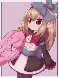 Rule 34 | 1girl, absurdres, black dress, black hairband, black ribbon, dark feather alma, dress, emil chronicle online, hair ribbon, hairband, highres, holding, holding stuffed toy, open mouth, pointy ears, purple thighhighs, red eyes, red ribbon, ribbon, rna0, simple background, stuffed toy, thighhighs