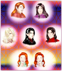 6+boys amras amrod artist_name black_hair blonde_hair blue_eyes braid brothers caranthir celegorm cinemairon closed_eyes closed_mouth curufin elf eyebrows_hidden_by_hair freckles grey_eyes high_collar long_hair looking_at_viewer looking_to_the_side maedhros maglor male_focus multiple_boys open_mouth parted_bangs parted_lips pointy_ears prince purple_eyes red_hair siblings smile teeth the_silmarillion tolkien&#039;s_legendarium twins upper_body upper_teeth_only