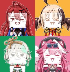 &gt;_&lt; 4girls :3 :d absurdres ahoge animal_ear_fluff animal_ears blonde_hair cecilia_immergreen cecilia_immergreen_(1st_costume) drawing_(object) elizabeth_rose_bloodflame elizabeth_rose_bloodflame_(1st_costume) gigi_murin gigi_murin_(1st_costume) green_background green_hair highres holding holding_notepad holojustice hololive hololive_english huge_ahoge ivory_ice multicolored_hair multiple_girls notepad open_mouth orange_background panther_ears panther_girl pink_background raora_panthera raora_panthera_(1st_costume) red_background red_hair simple_background smile streaked_hair virtual_youtuber white_hair winding_key xd