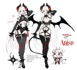 1girl absurdres alternate_costume bat_wings bikini black_eyes black_thighhighs bra breasts brooch chain chibi chibi_inset demon_girl demon_horns demon_tail detached_sleeves english_text halterneck hand_up highres horns jewelry long_hair looking_at_viewer multiple_views original red_pupils swimsuit tail thigh_strap thighhighs thong_bikini twintails underboob underwear very_long_hair white_hair wings yoimon
