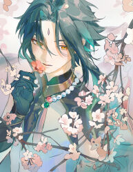 1boy absurdres aji_11300913 artist_name bead_necklace beads black_gloves commentary_request facial_mark flower forehead_mark genshin_impact gloves green_hair hair_between_eyes hand_up highres holding holding_flower jewelry looking_down male_focus necklace open_mouth pink_flower shirt short_hair sleeveless sleeveless_shirt solo tassel upper_body white_shirt xiao_(genshin_impact) yellow_eyes