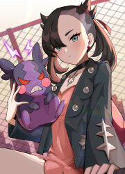 1girl asymmetrical_bangs black_choker black_hair black_jacket black_nails blush chain-link_fence choker city closed_mouth dress earrings fence gen_8_pokemon green_eyes hair_ribbon jacket jewelry long_sleeves looking_at_viewer marnie_(pokemon) morpeko morpeko_(hangry) nintendo open_clothes outdoors pink_dress pokemon pokemon_(creature) pokemon_swsh red_ribbon ribbon setta_shu sky solo twintails