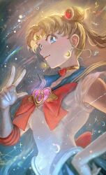 1girl ao_(en6gtl) back_bow bishoujo_senshi_sailor_moon blonde_hair blue_eyes blue_sailor_collar blue_skirt blurry bow bowtie choker closed_mouth commentary crescent crescent_earrings depth_of_field double_bun earrings elbow_gloves eyebrows_hidden_by_hair film_grain floating_hair gloves gold_choker hair_bun hair_ornament hand_on_own_hip hand_up heart heart_choker heart_necklace highres jewelry lips long_hair looking_at_viewer magical_girl neck necklace parted_bangs pleated_skirt red_bow red_bowtie sailor_collar sailor_moon sailor_senshi_uniform see-through_clothes see-through_sleeves shirt short_sleeves skirt smile solo super_sailor_moon tiara tsukino_usagi twintails v white_gloves white_shirt yellow_choker
