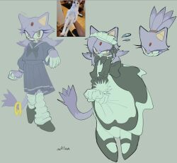 1girl alternate_costume alternate_hairstyle animal_ears ankle_socks black_ribbon blaze_the_cat blush cat_ears cat_girl cat_tail embarrassed flying_sweatdrops forehead_jewel furry furry_female gloves highres loose_socks maid maid_headdress photo_inset pulling_own_clothes ribbon school_uniform serafuku smirk socks solo sonic_(series) sutlaaa tail tail_ornament tail_ring white_socks