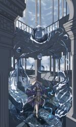 Rule 34 | 1girl, blue dress, blue eyes, blue hair, blue hat, blue sleeves, boots, braid, dress, duel monster, hat, high heel boots, high heels, highres, holding, holding staff, hydrokinesis, indoors, long hair, magic, pillar, staff, thigh boots, tile floor, tiles, two-tone dress, uragawai, water, water enchantress of the temple, white boots, white dress, yu-gi-oh!