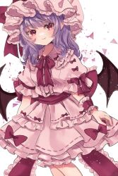 1girl arm_ribbon bat_wings black_wings blouse blush bow bow_skirt closed_mouth commentary feet_out_of_frame frilled_hat frills hat highres jaku_sono layered_skirt looking_at_viewer medium_hair neck_ribbon pink_hat pink_shirt pink_skirt puffy_short_sleeves puffy_sleeves purple_hair red_bow red_eyes red_sash remilia_scarlet ribbon sash shirt short_sleeves signature skirt smile solo touhou waist_sash white_background wings wrist_cuffs