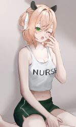 1girl against_wall animal_ears bare_shoulders black_shorts blonde_hair breasts cleavage collarbone crop_top crossed_bangs green_eyes hair_between_eyes hair_intakes hair_ribbon hand_to_own_mouth hand_up highres indie_virtual_youtuber light_blush looking_at_viewer medium_breasts navel nimi_nightmare nonono_0147 on_ground one_eye_closed one_side_up open_mouth ribbon short_hair shorts sitting solo tank_top tapir_ears tapir_girl virtual_youtuber white_ribbon white_tank_top yawning yokozuwari