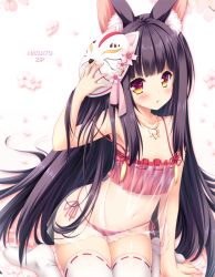 Rule 34 | 1girl, animal ears, arm up, armpits, azur lane, black hair, blush, bra, camisole, cherry blossoms, commentary request, female focus, fox ears, hand on mask, jewelry, long hair, mask, mask on head, moekibara fumitake, nagato (azur lane), nagato (great fox&#039;s respite) (azur lane), navel, necklace, panties, red bra, red eyes, red panties, see-through clothes, side-tie panties, sitting, solo, thighhighs, underwear, underwear only, very long hair, white thighhighs