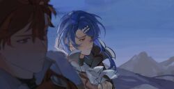 Rule 34 | 2boys, absurdres, alcryst (fire emblem), ascot, blue hair, blue sky, brothers, closed mouth, diamant (fire emblem), fire emblem, fire emblem engage, hair between eyes, hair ornament, hairclip, high collar, highres, looking to the side, male focus, mountain, multiple boys, nintendo, red eyes, red hair, short hair, siblings, sky, white ascot, wogesb