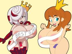 Rule 34 | 2girls, a hat in time, areola slip, black outline, blue eyes, breasts, brown hair, cleavage, clenched hands, collarbone, crossover, crown, english text, gigantic breasts, glitch, hair over one eye, long hair, looking at viewer, looking to the side, multicolored hair, multiple girls, nipple slip, nipples, open mouth, oppai loli, outline, paper, ponytail, red eyes, red hair, ribbon, sage (sonic), short hair, sidelocks, smile, sonic (series), sonic frontiers, streaked hair, teeth, thick outlines, thick thighs, thighs, upper teeth only, white hair, white ribbon, yelladrill, yellow background