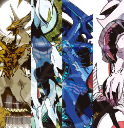 arceus blue_skin claws colored_sclera colored_skin creatures_(company) dialga dialga_(origin) dragon game_freak gem gen_4_pokemon gen_7_pokemon green_sclera highres legendary_pokemon multicolored_eyes mythical_pokemon necrozma necrozma_(ultra) nintendo open_mouth palkia palkia_(origin) pokemon pokemon_(creature) pokemon_focus red_eyes rintaro_sano rock