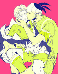 2boys closed_eyes closed_mouth collared_shirt commentary_request drawstring fingernails hand_on_another&#039;s_face headband highres hood hood_down hoodie kabu_(pokemon) kiss kissing_cheek limited_palette long_sleeves male_focus mature_male miyare_s multiple_boys nintendo one_eye_closed parted_hair pokemon pokemon_swsh raihan_(pokemon) red_background shirt short_hair shorts sideburns simple_background sitting sitting_on_lap sitting_on_person smile wing_collar yaoi