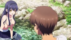 1boy 1girl animated anime_screenshot arm_under_breasts black_hair black_hairband breasts breasts_squeezed_together brown_eyes brown_hair closed_eyes collarbone hair_ornament hair_over_breasts hairband highres kushima_kamome large_breasts long_hair navel open_mouth outdoors shirt sidelocks skirt skull_hair_ornament smile sound stomach summer_pockets tagme takahara_hairi topless_female video water wet wet_clothes white_shirt yellow_eyes