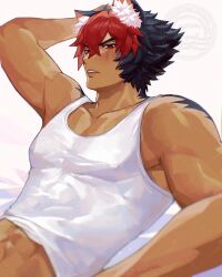 1boy abs absurdres animal_ears bara blush dog_boy highres komano_manato large_pectorals lyrramori male_focus multicolored_hair multiple_scars muscular muscular_male pectorals piercing scar scar_on_face shirt short_hair simple_background sleeveless solo white_shirt zenless_zone_zero