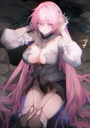 Rule 34 | 1girl, black leotard, black thighhighs, bow, breasts, closed mouth, cyrene (honkai: star rail), hair between eyes, hair bow, henz, highres, honkai: star rail, honkai (series), large breasts, leotard, long hair, long sleeves, pink eyes, pink hair, solo, thighhighs, thighs, very long hair, white bow, white sleeves