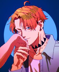 Rule 34 | 1boy, 1other, ahoge, blue background, blue eyes, blush, collarbone, collared shirt, earrings, highres, hypnosis mic, iria59, jewelry, kiss, kissing hand, male focus, neck tattoo, one eye closed, orange hair, parted bangs, portrait, shirt, short hair, simple background, smile, tattoo, tom whisper weathercock, unbuttoned