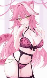1girl absurdres animal_ears animal_print artist_name bare_shoulders black_garter_belt black_garter_straps blush bra breasts colored_inner_hair commentary criss-cross_halter eyeshadow frilled_bra frilled_panties frills garter_belt garter_straps hair_intakes halterneck highres hololive hololive_english large_breasts leopard_print leopard_print_bra leopard_print_panties long_hair looking_at_viewer makeup multicolored_hair navel open_mouth panther_ears panther_girl panther_tail panties pink_bra pink_eyeshadow pink_hair pink_panties pink_ribbon raora_panthera ribbon solo stomach streaked_hair sweat tail thigh_bow thighs two-tone_hair underwear virtual_youtuber yellow_eyes zxcsque