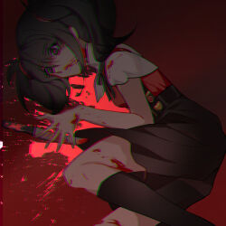 Rule 34 | 1girl, black hair, black skirt, black socks, blood, blood on clothes, blood on face, blood splatter, chouzetsusaikawa tenshi-chan, chromatic aberration, commentary request, dark, heavy chromatic aberration, knife, looking at object, lying, needy girl overdose, on side, red background, red shirt, shirt, skirt, socks, solo, twintails, yogir (2857756)