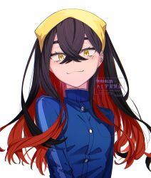 1girl :3 black_hair blue_jacket carmine_(pokemon) closed_mouth colored_inner_hair crossed_bangs hair_between_eyes hairband highres jacket long_hair long_sleeves mole mole_under_eye multicolored_hair nintendo nisanrei121 pokemon pokemon_sv red_hair smile solo two-tone_hair white_background yellow_eyes yellow_hairband